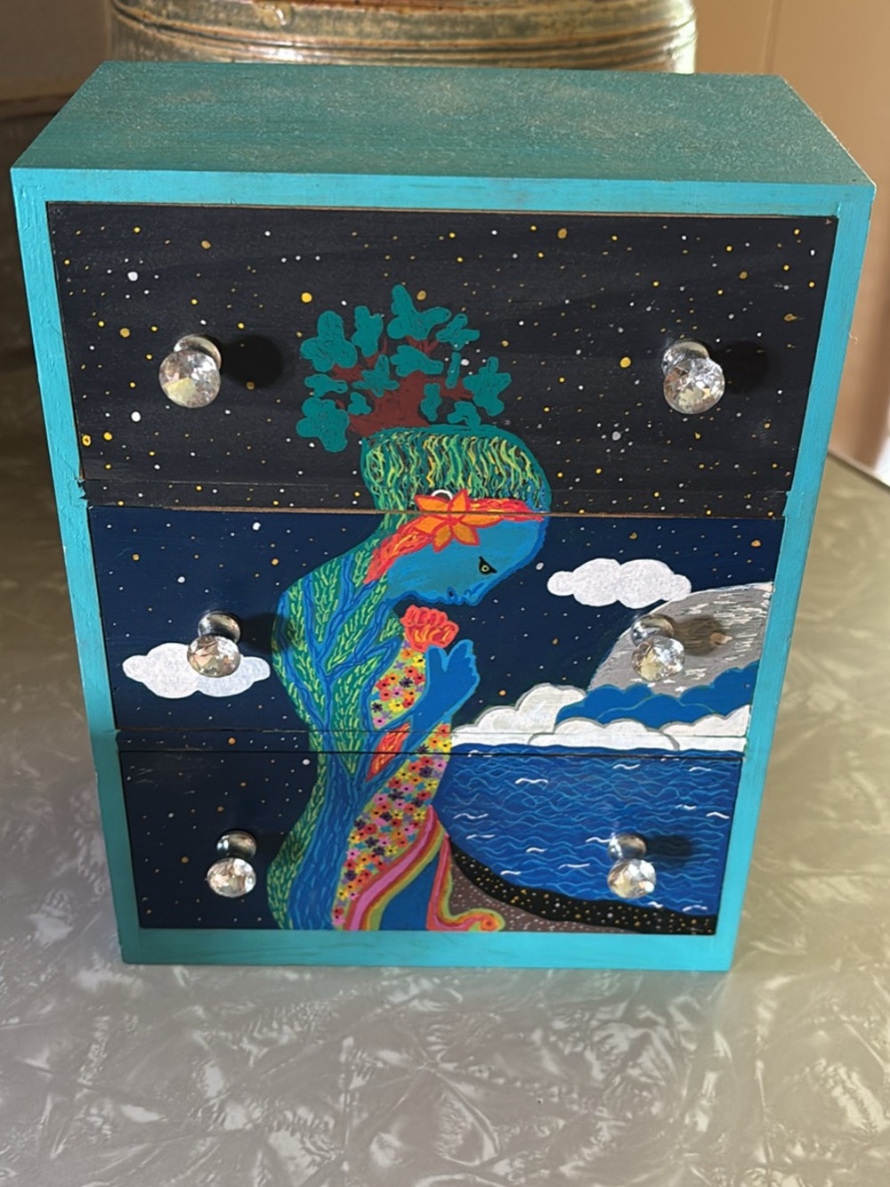 Hand-Painted Turquoise Nightscape Jewelry Chest